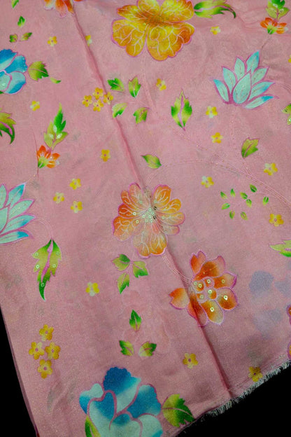 Shadow Floral Prints With Sequins Highlighted Viscose Muslin Zari Stripes Fabric