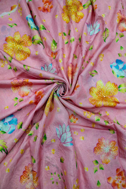 Shadow Floral Prints With Sequins Highlighted Viscose Muslin Zari Stripes Fabric