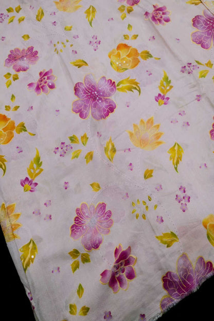 Shadow Floral Prints With Sequins Highlighted Viscose Muslin Zari Stripes Fabric