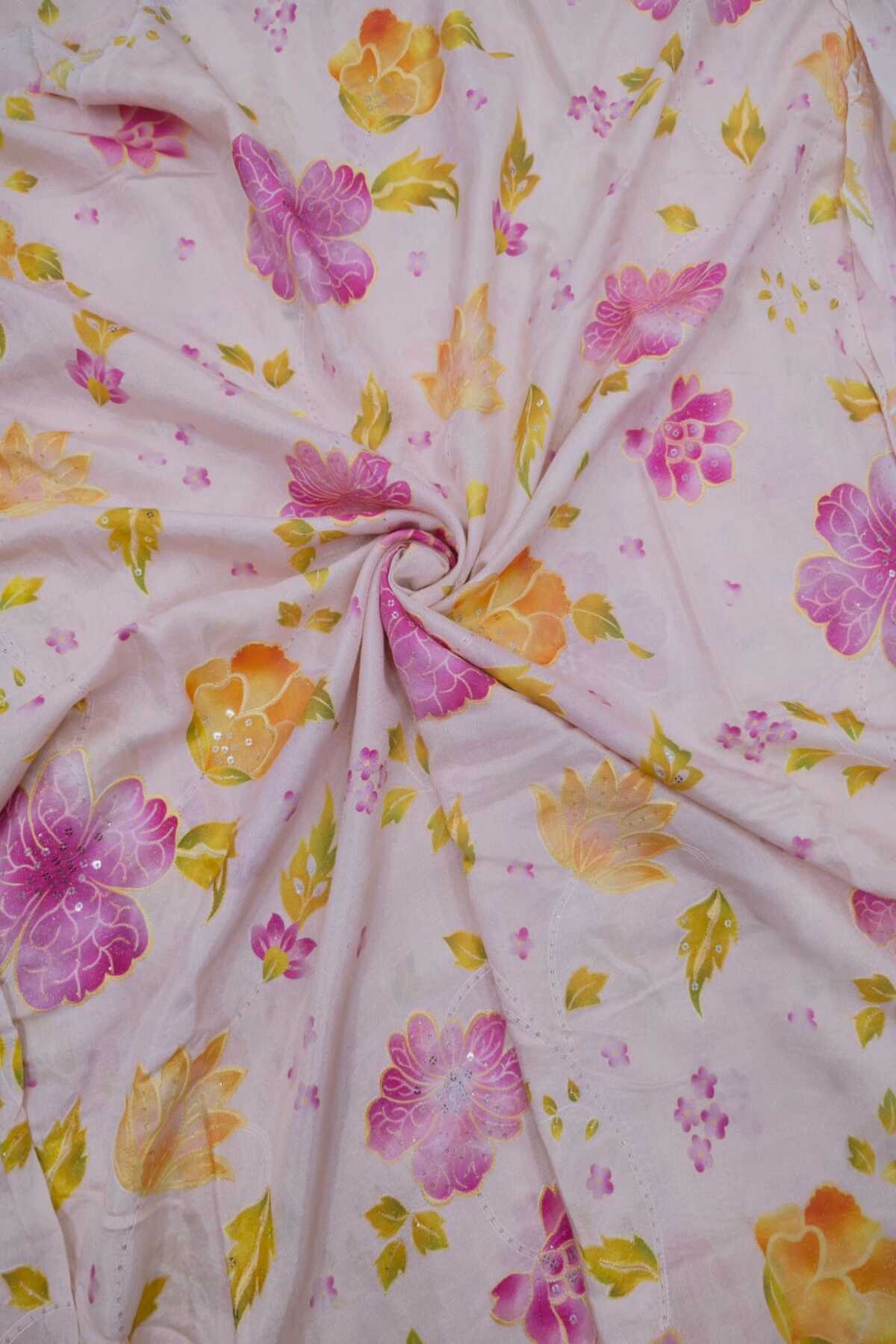 Shadow Floral Prints With Sequins Highlighted Viscose Muslin Zari Stripes Fabric