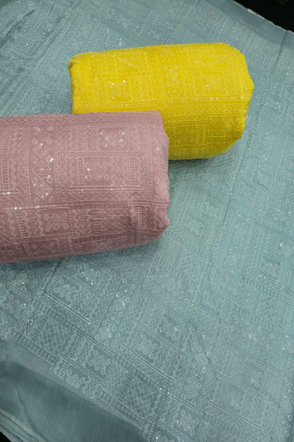 Geometric Grid Chikankari With Sequins Embroidered Pure Falling Rawsilk Fabric