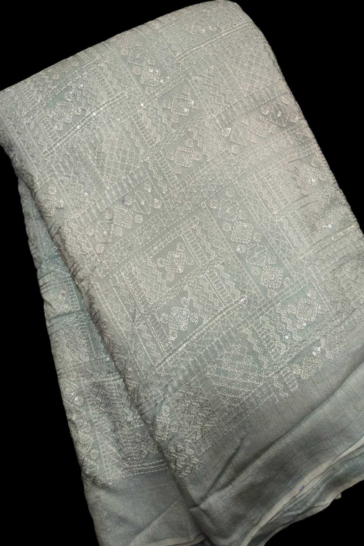 Geometric Grid Chikankari With Sequins Embroidered Pure Falling Rawsilk Fabric