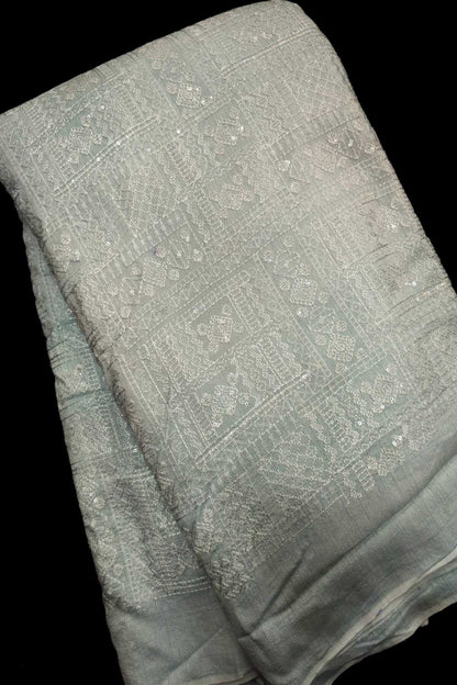 Geometric Grid Chikankari With Sequins Embroidered Pure Falling Rawsilk Fabric