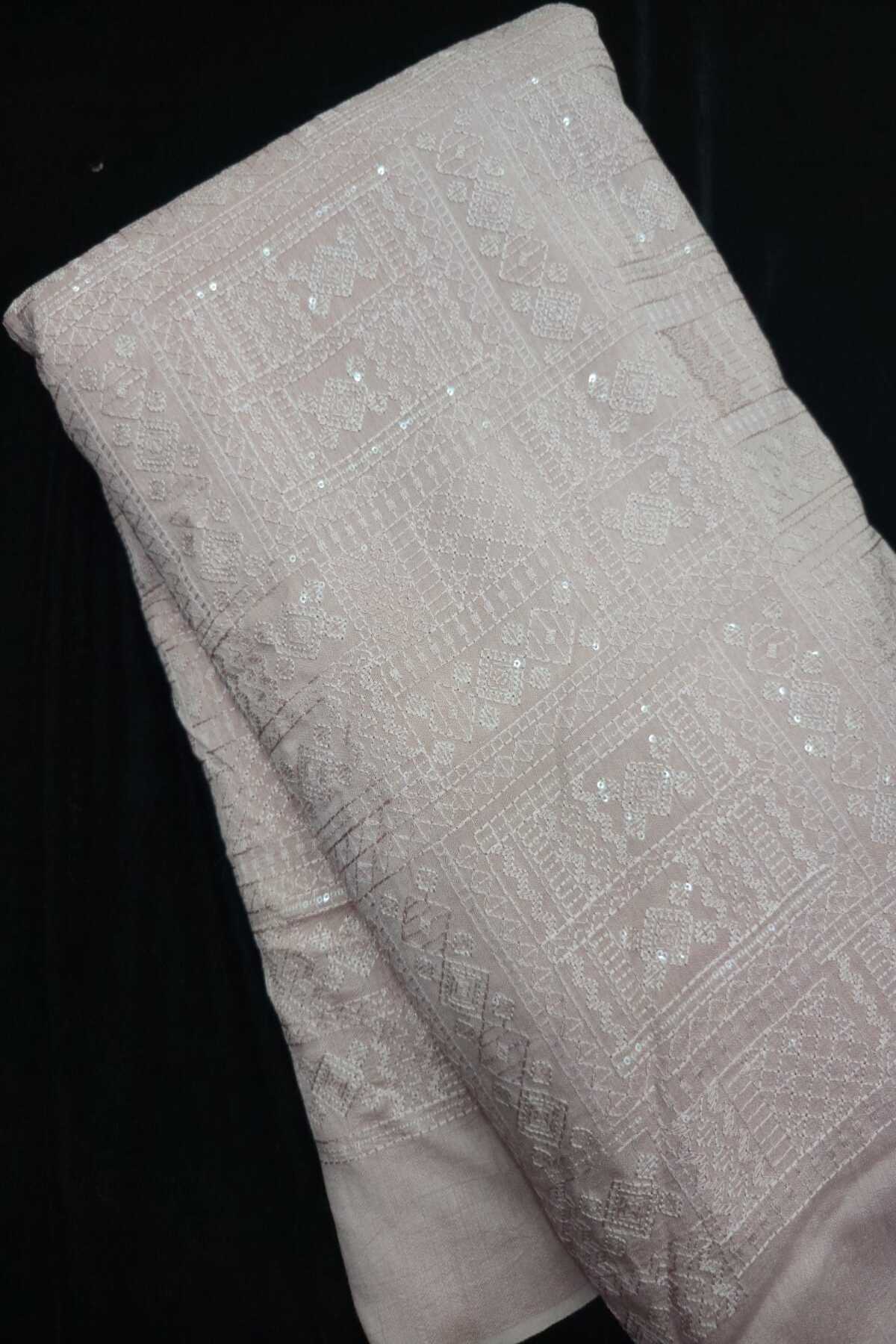Geometric Grid Chikankari With Sequins Embroidered Pure Falling Rawsilk Fabric