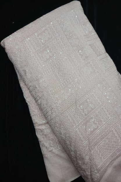 Geometric Grid Chikankari With Sequins Embroidered Pure Falling Rawsilk Fabric