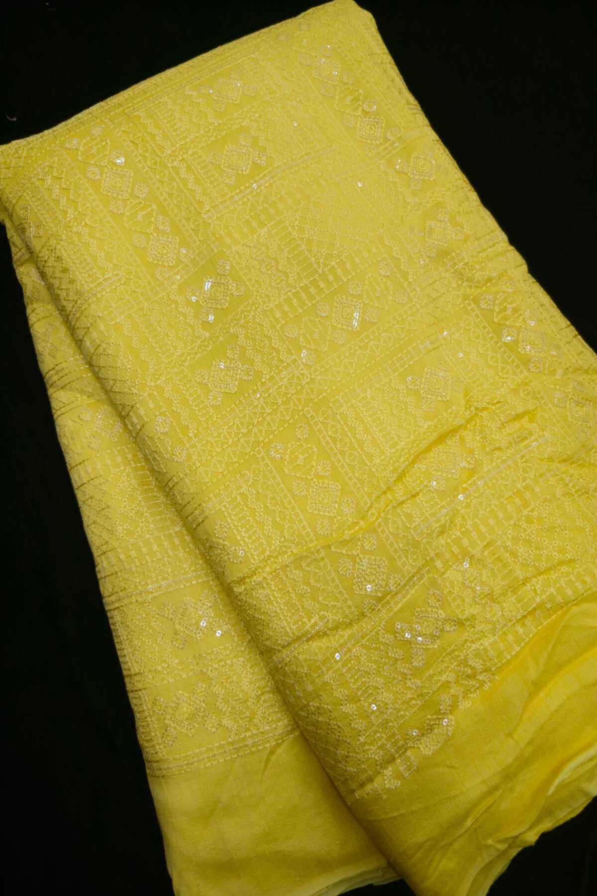 Geometric Grid Chikankari With Sequins Embroidered Pure Falling Rawsilk Fabric