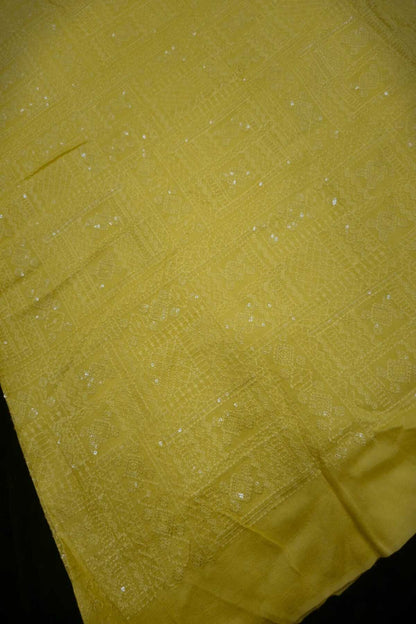 Geometric Grid Chikankari With Sequins Embroidered Pure Falling Rawsilk Fabric