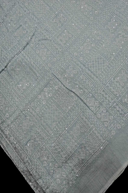 Geometric Grid Chikankari With Sequins Embroidered Pure Falling Rawsilk Fabric