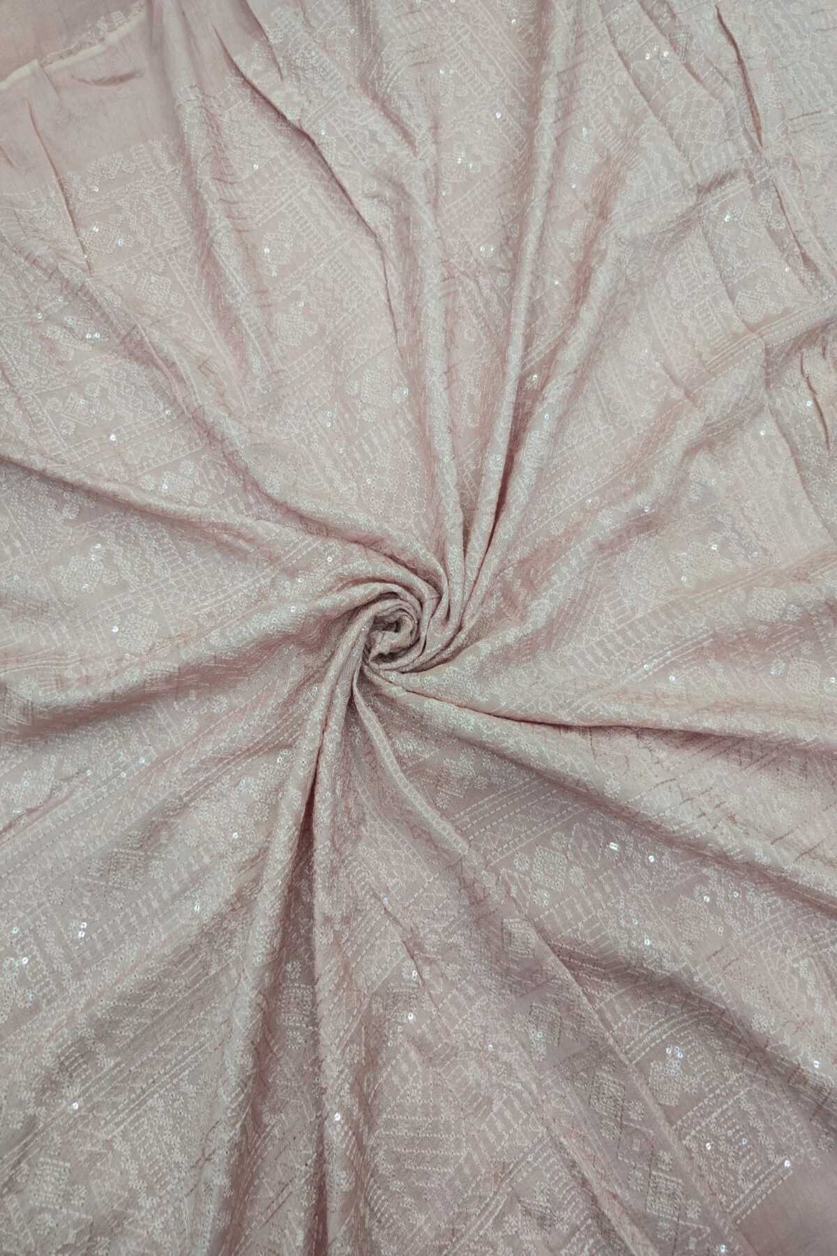 Geometric Grid Chikankari With Sequins Embroidered Pure Falling Rawsilk Fabric