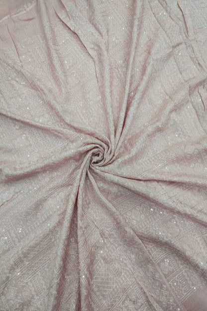Geometric Grid Chikankari With Sequins Embroidered Pure Falling Rawsilk Fabric