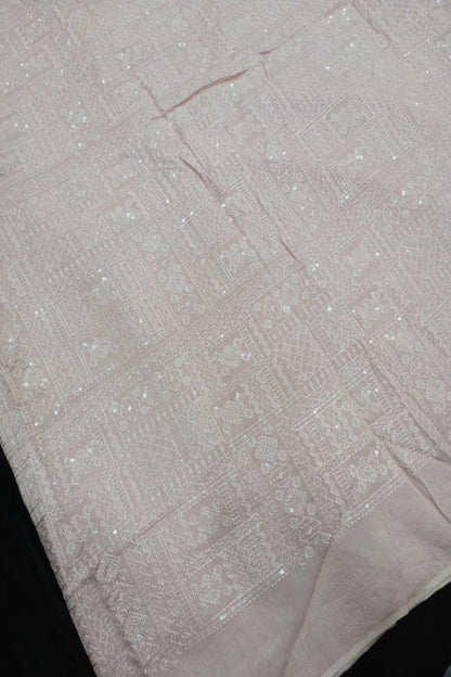 Geometric Grid Chikankari With Sequins Embroidered Pure Falling Rawsilk Fabric