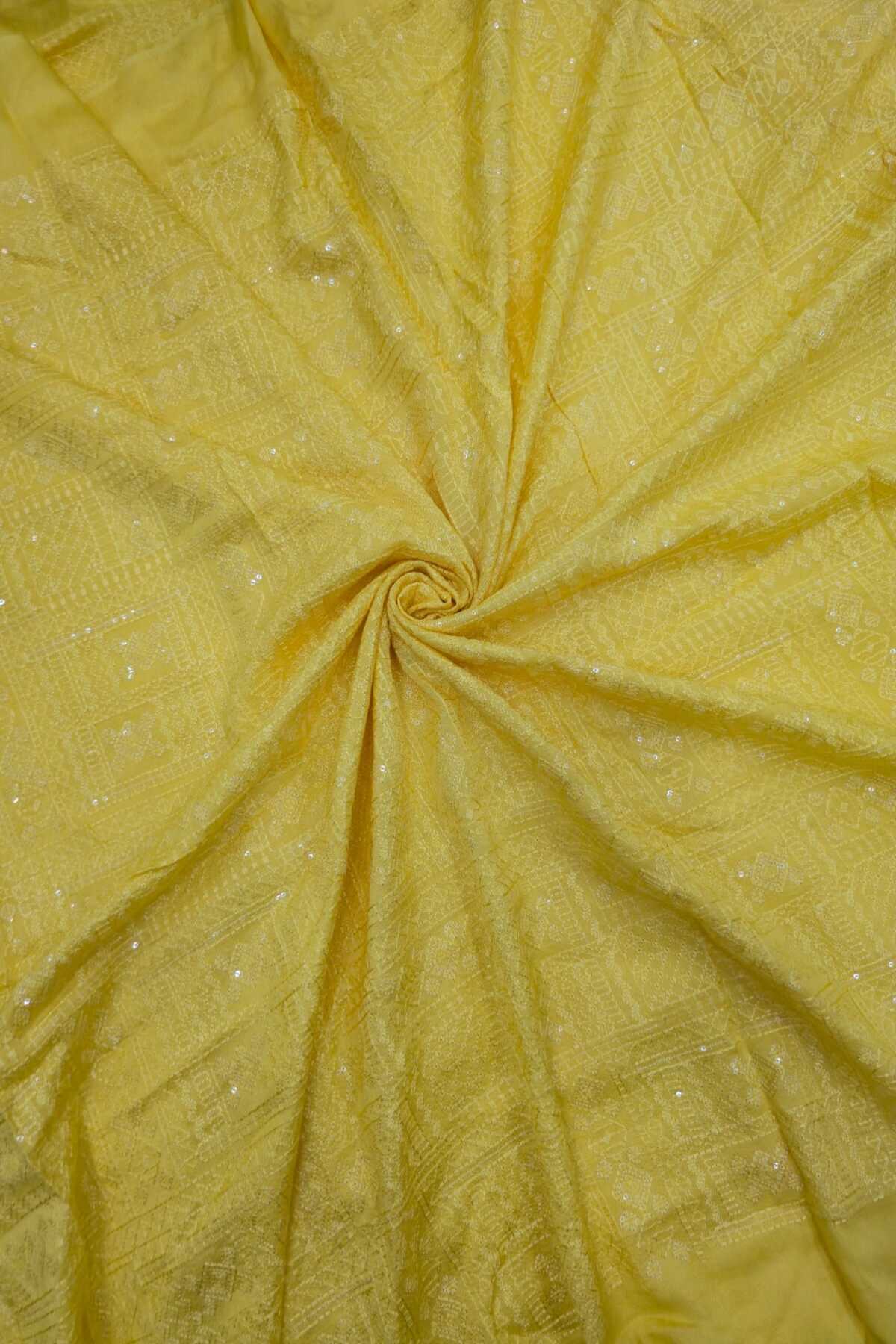 Geometric Grid Chikankari With Sequins Embroidered Pure Falling Rawsilk Fabric