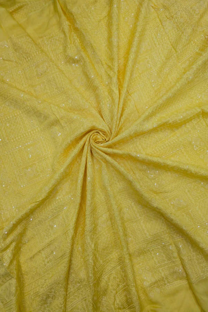 Geometric Grid Chikankari With Sequins Embroidered Pure Falling Rawsilk Fabric