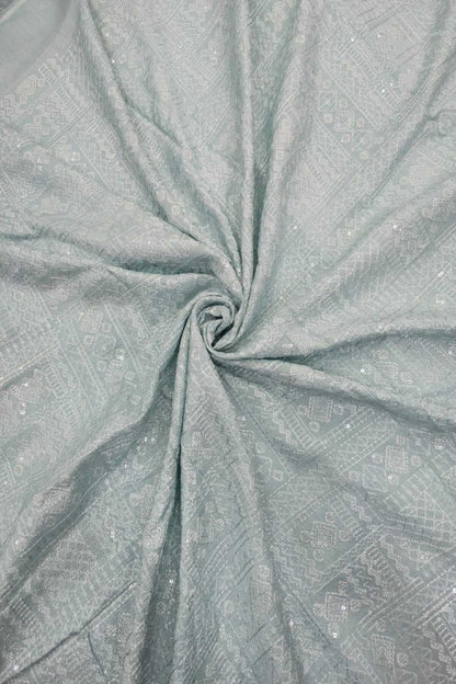 Geometric Grid Chikankari With Sequins Embroidered Pure Falling Rawsilk Fabric