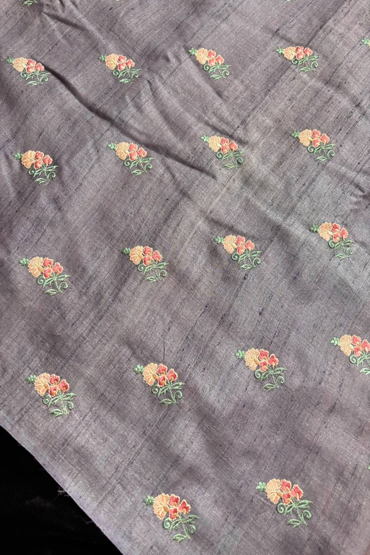 Repeated Plant Silhouette Embroidered Pure Munga Silk Fabric