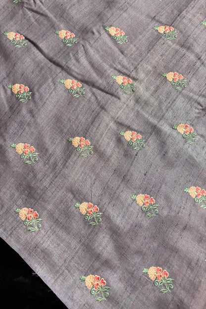 Repeated Plant Silhouette Embroidered Pure Munga Silk Fabric