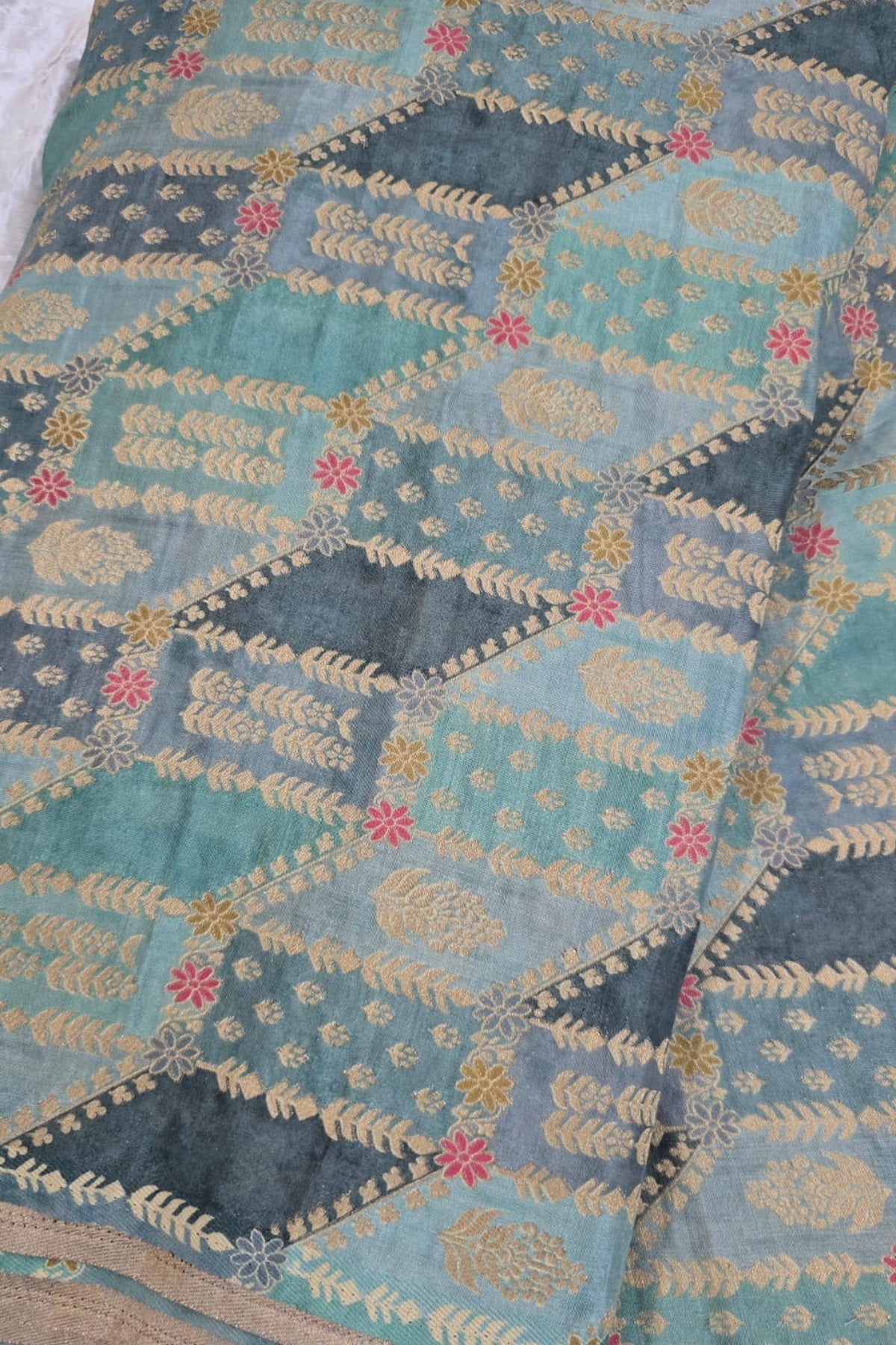 Gold & Meenakari Floral Woven Rangkat Printed Dola Silk Fabric