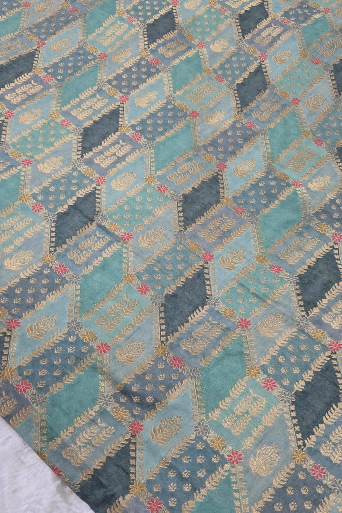 Gold & Meenakari Floral Woven Rangkat Printed Dola Silk Fabric