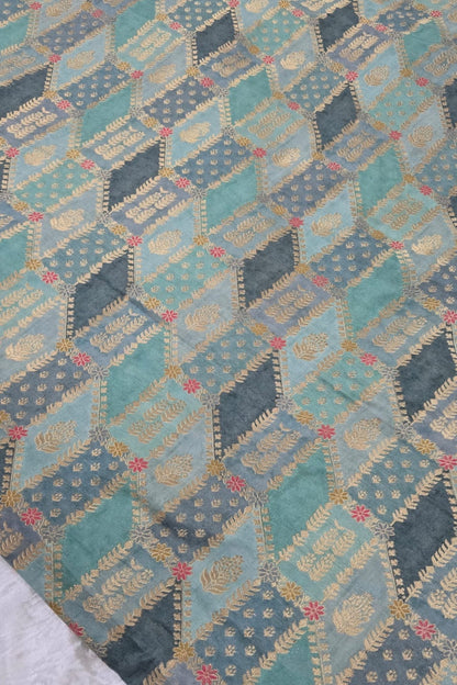 Gold & Meenakari Floral Woven Rangkat Printed Dola Silk Fabric