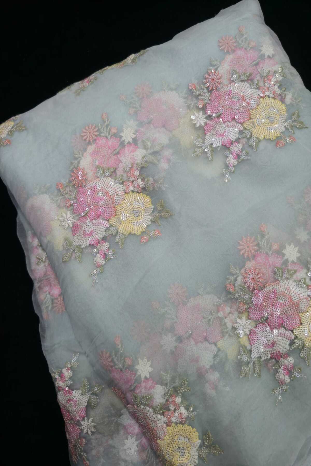 Sequin Trillium Floral Embroidered Pure Organza Fabric