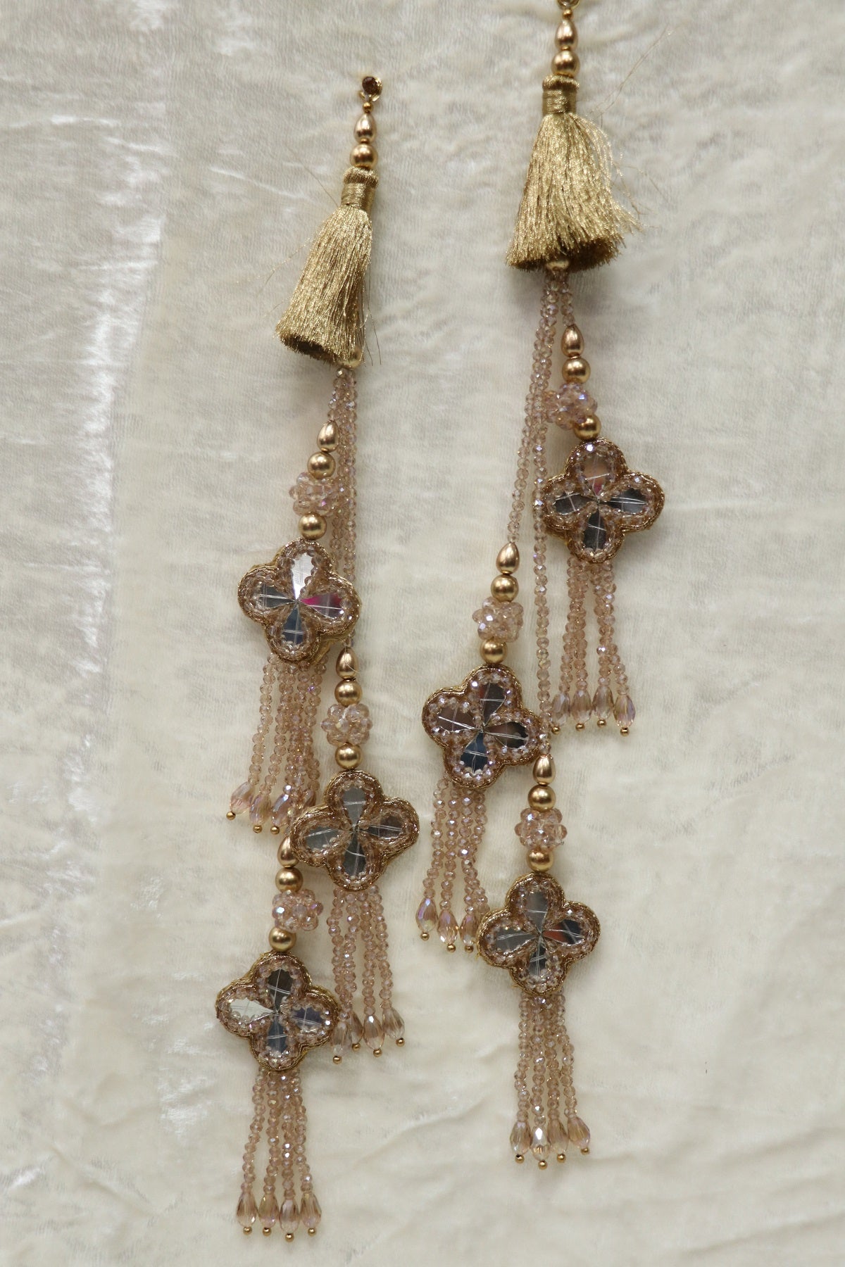 Honey Gold Zari Thread Lehenga Latkans With Mirrors & Glass Crystal Beads